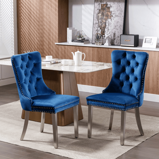 Cadeira de sala de jantar 2 unidades - Moderna, estofada em veludo com pernas em aço cromado - Azul