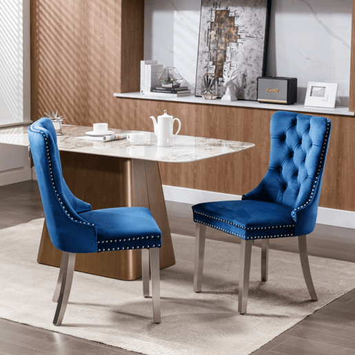 Cadeira de sala de jantar 2 unidades - Moderna, estofada em veludo com pernas em aço cromado - Azul