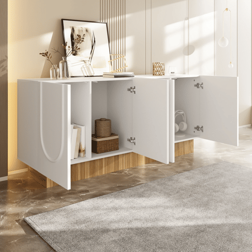 Aparador 160x75x38 - 4 portas, grande capacidade de armazenamento, estrutura em U - Branco e madeira