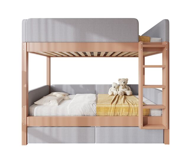 Cama alta infantil 90x200 - escalera 4 niveles, 2 cajones, somier madera, bordes acolchados - gris/natural