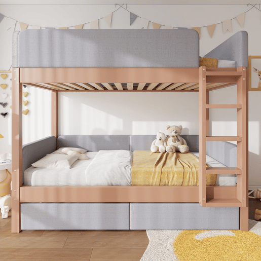 Cama alta infantil 90x200 - Escada de 4 degraus, 2 gavetas, estrado de madeira, bordas acolchoadas - CinzaNatural