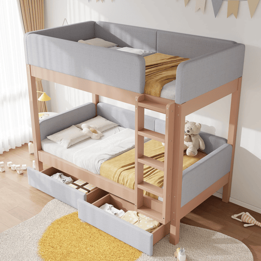 Cama alta infantil 90x200 - Escada de 4 degraus, 2 gavetas, estrado de madeira, bordas acolchoadas - CinzaNatural