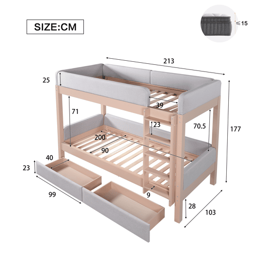 Cama alta infantil 90x200 - Escada de 4 degraus, 2 gavetas, estrado de madeira, bordas acolchoadas - CinzaNatural