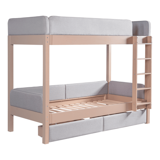 Cama alta infantil 90x200 - Escada de 4 degraus, 2 gavetas, estrado de madeira, bordas acolchoadas - CinzaNatural