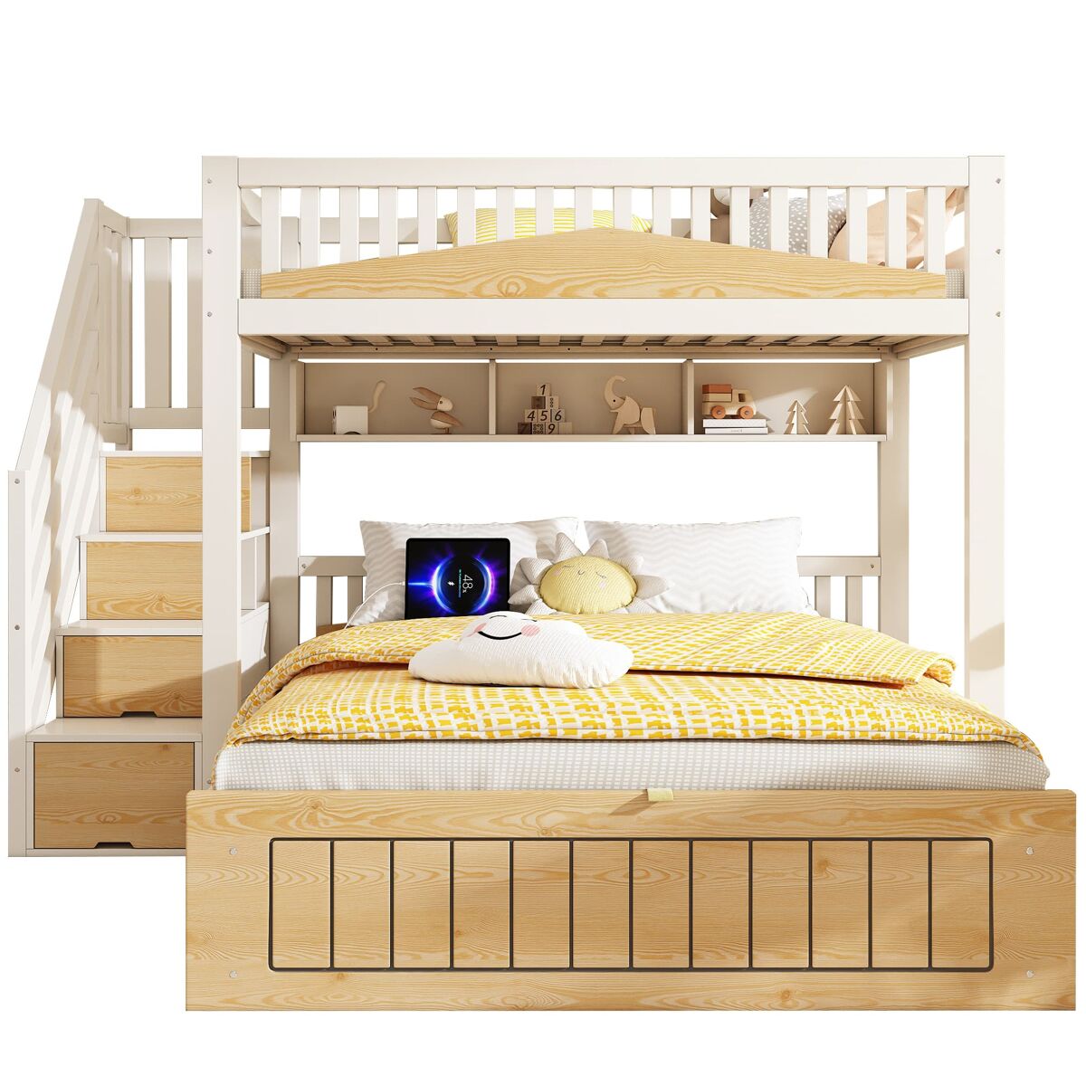litera infantil madera 90x200140x200 - almacenaje hidraulico escalera usb-c - blanconatural