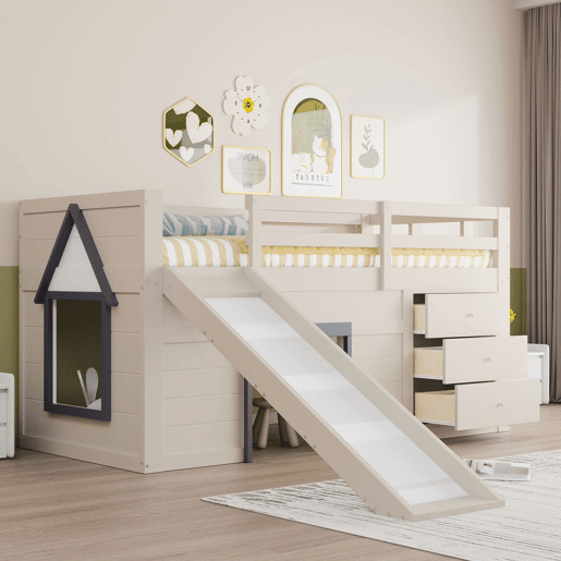 Cama alta baixa 90x200 - com rampa, 3 gavetas e 2 portas - creme