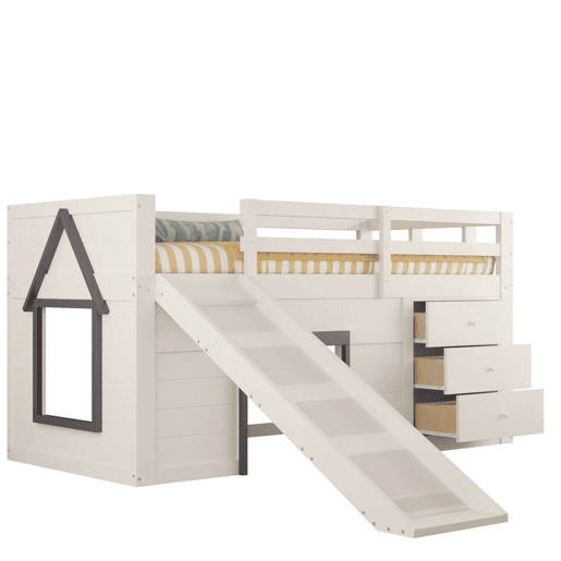 Cama alta baixa 90x200 - com rampa, 3 gavetas e 2 portas - creme