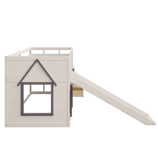 Cama alta baixa 90x200 - com rampa, 3 gavetas e 2 portas - creme