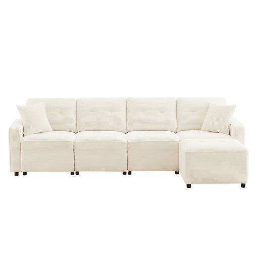 Sofá reto de 4 lugares 280x146 cm - veludo cotelê com arrumação e pufe - bege