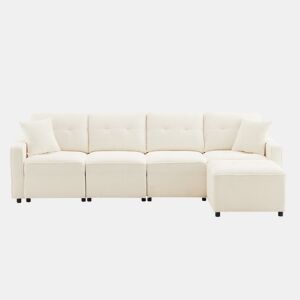 Sofá reto de 4 lugares 280x146 cm - veludo cotelê com arrumação e pufe - bege