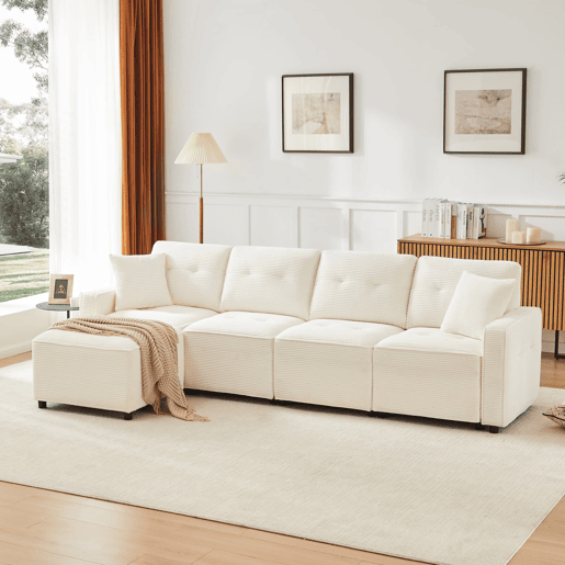 Sofá reto de 4 lugares 280x146 cm - veludo cotelê com arrumação e pufe - bege
