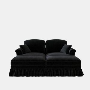 Sofá modular de 2 lugares - Chenille, braços cónicos, saia removível, pernas torneadas, pufe - Preto