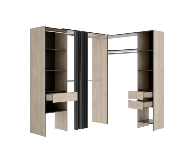 Armario vestidor suit reversible 3 cajones + 3 barras + 2 columnas natural/ grafito 205x164-214x141 cm