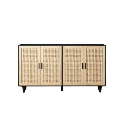 Armário de arrumação 158 cm - 4 portas, rattan decorativo, elegante e funcional - Preto
