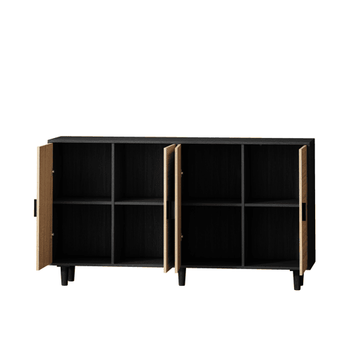 Armário de arrumação 158 cm - 4 portas, rattan decorativo, elegante e funcional - Preto