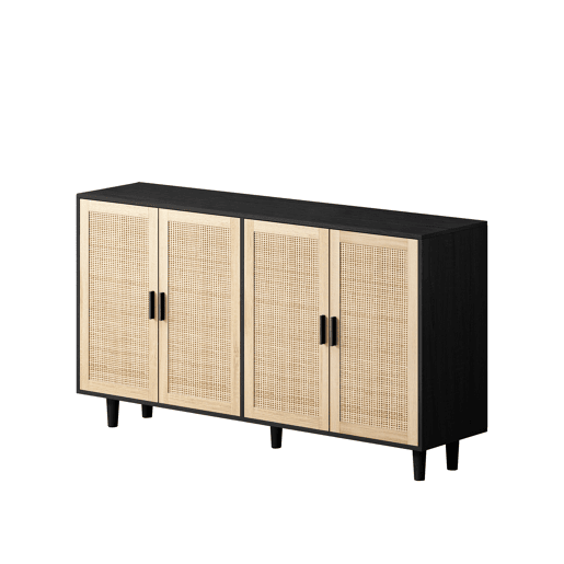 Armário de arrumação 158 cm - 4 portas, rattan decorativo, elegante e funcional - Preto