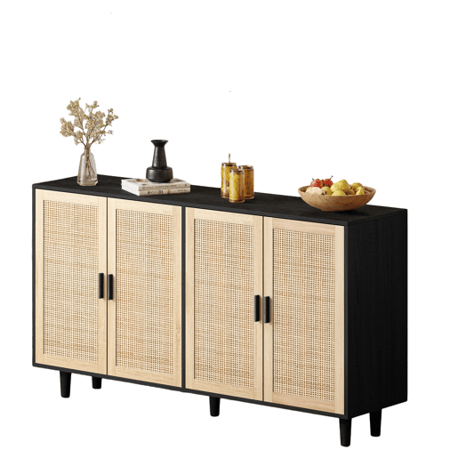 Armário de arrumação 158 cm - 4 portas, rattan decorativo, elegante e funcional - Preto