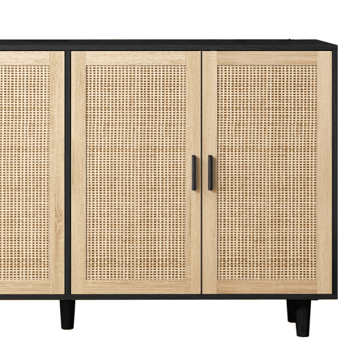 Armário de arrumação 158 cm - 4 portas, rattan decorativo, elegante e funcional - Preto