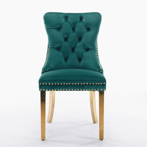 Cadeira de sala de jantar 2 unidades - Estofada em veludo, pernas em aço dourado, capitoné - Verde