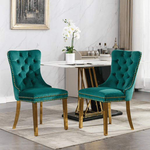 Cadeira de sala de jantar 2 unidades - Estofada em veludo, pernas em aço dourado, capitoné - Verde
