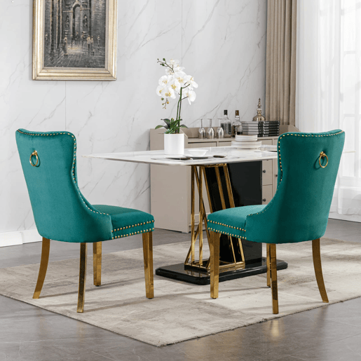 Cadeira de sala de jantar 2 unidades - Estofada em veludo, pernas em aço dourado, capitoné - Verde