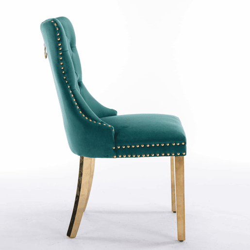 Cadeira de sala de jantar 2 unidades - Estofada em veludo, pernas em aço dourado, capitoné - Verde
