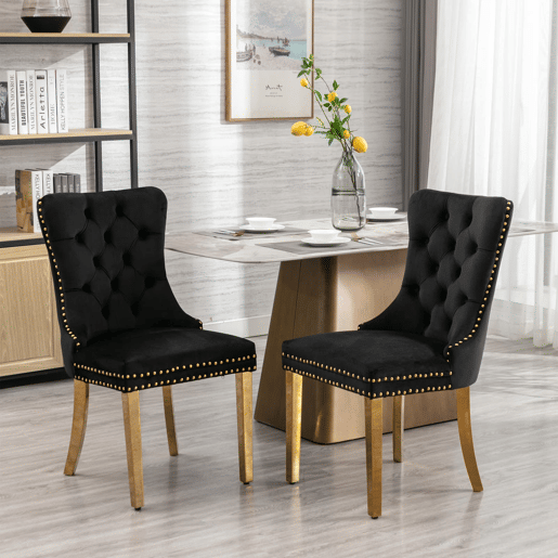 Cadeira de sala de jantar 2 unidades - Moderna, estofada em veludo com pernas douradas e tachas - Preto