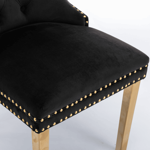 Cadeira de sala de jantar 2 unidades - Moderna, estofada em veludo com pernas douradas e tachas - Preto