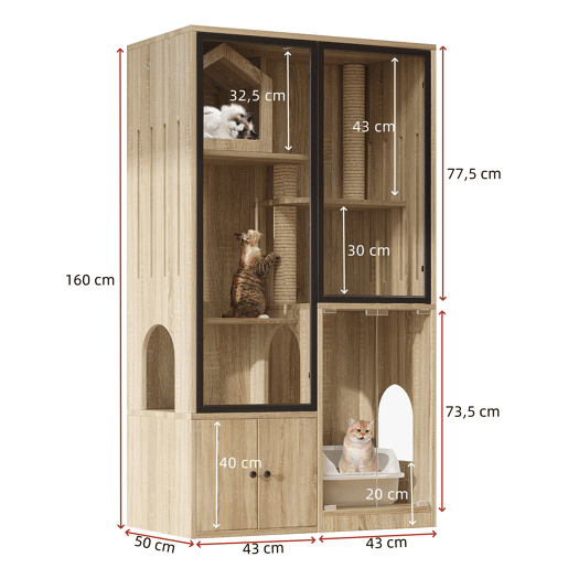 Casa para gatos 90x50x160 cm - 4 andares, resistente ao inverno, com poste para arranhar - Natural