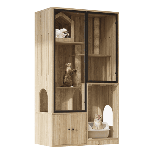 Casa para gatos 90x50x160 cm - 4 andares, resistente ao inverno, com poste para arranhar - Natural