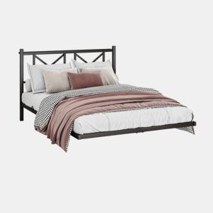 Cama de casal 140x200 cm - Estrutura metálica LED com cabeceira e estação de carregamento - Preto