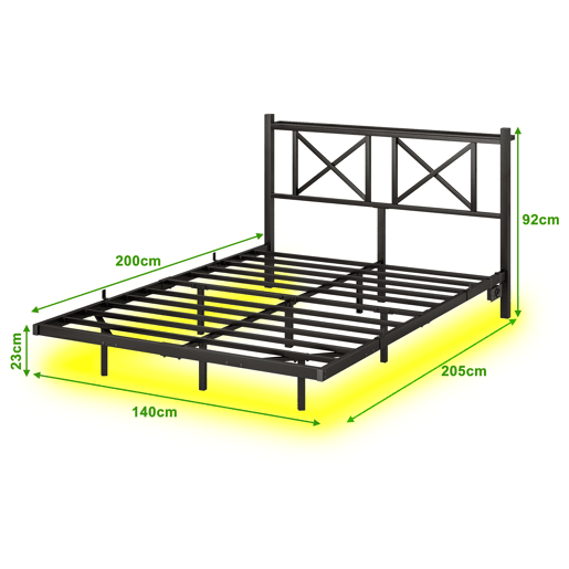 Cama de casal 140x200 cm - Estrutura metálica LED com cabeceira e estação de carregamento - Preto
