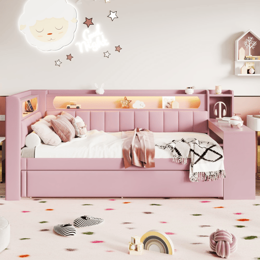 Cama de dia 90x200 - Estofada com USB, LED, cama extraível e secretária - Rosa