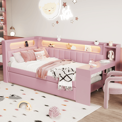 Cama de dia 90x200 - Estofada com USB, LED, cama extraível e secretária - Rosa