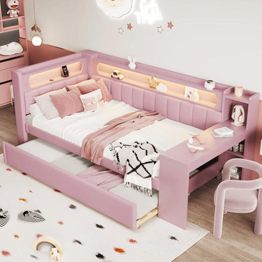 Cama de dia 90x200 - Estofada com USB, LED, cama extraível e secretária - Rosa