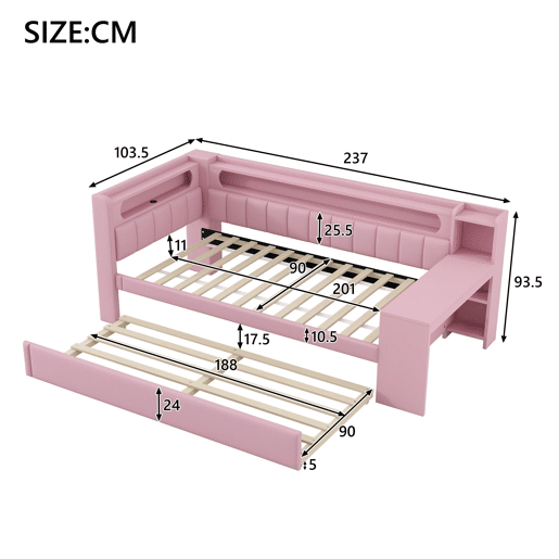 Cama de dia 90x200 - Estofada com USB, LED, cama extraível e secretária - Rosa