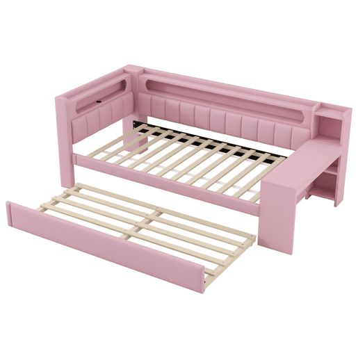 Cama de dia 90x200 - Estofada com USB, LED, cama extraível e secretária - Rosa