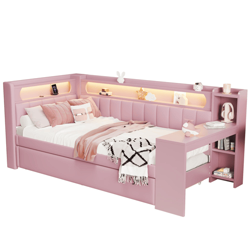 Cama de dia 90x200 - Estofada com USB, LED, cama extraível e secretária - Rosa