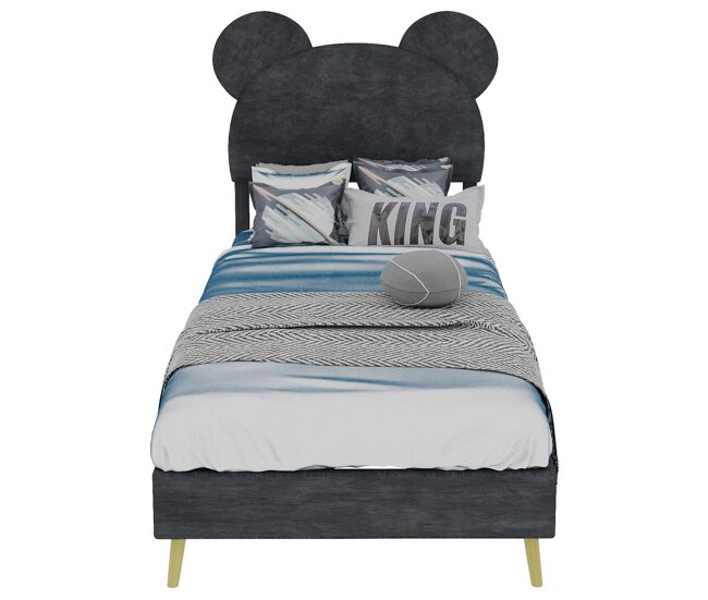 Cama tapizada infantil 90x200 - cabecero suave con diseño de dibujos animados, base baja sin almacenamiento - gris