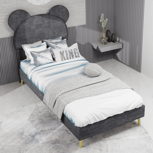 Cama infantil estofada 90x200 - Cabeceira macia com desenhos animados, base baixa sem arrumação - Cinza