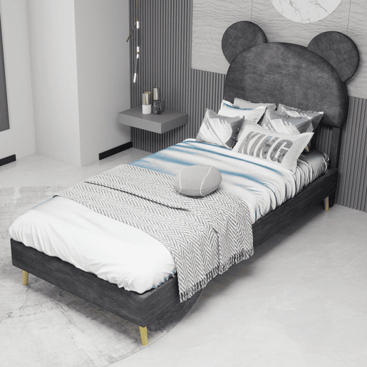 Cama infantil estofada 90x200 - Cabeceira macia com desenhos animados, base baixa sem arrumação - Cinza
