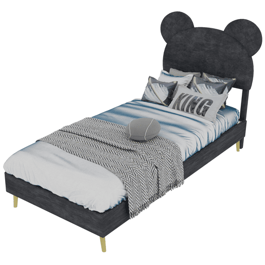 Cama infantil estofada 90x200 - Cabeceira macia com desenhos animados, base baixa sem arrumação - Cinza