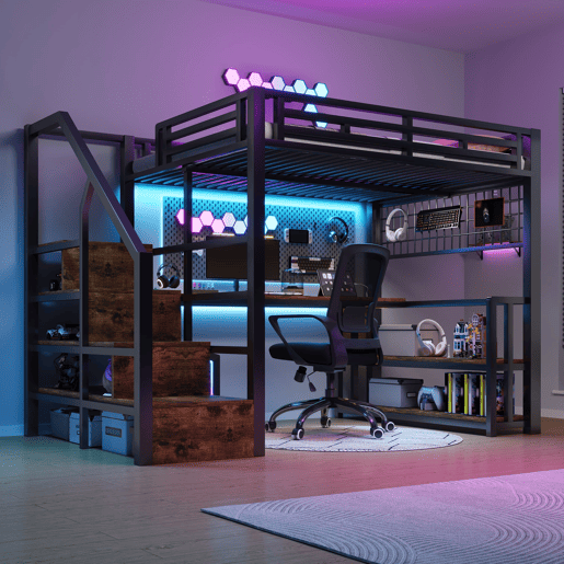 Cama alta 140x200 cm - Estrutura em ferro, secretária, LED, estante, USBTipo-C - Preto