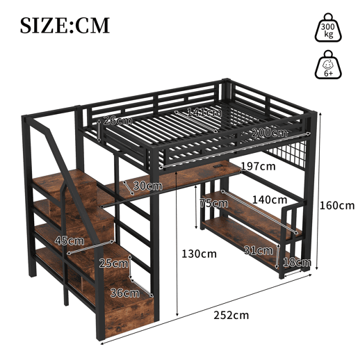 Cama alta 140x200 cm - Estrutura em ferro, secretária, LED, estante, USBTipo-C - Preto