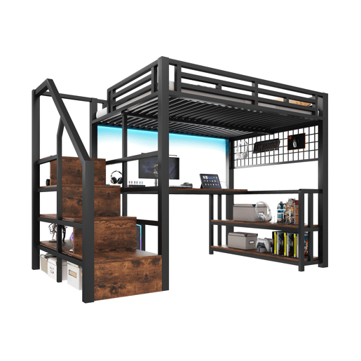 Cama alta 140x200 cm - Estrutura em ferro, secretária, LED, estante, USBTipo-C - Preto