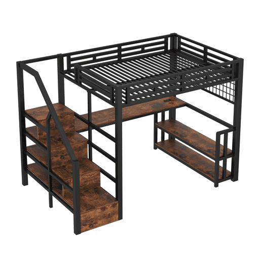 Cama alta 140x200 cm - Estrutura em ferro, secretária, LED, estante, USBTipo-C - Preto