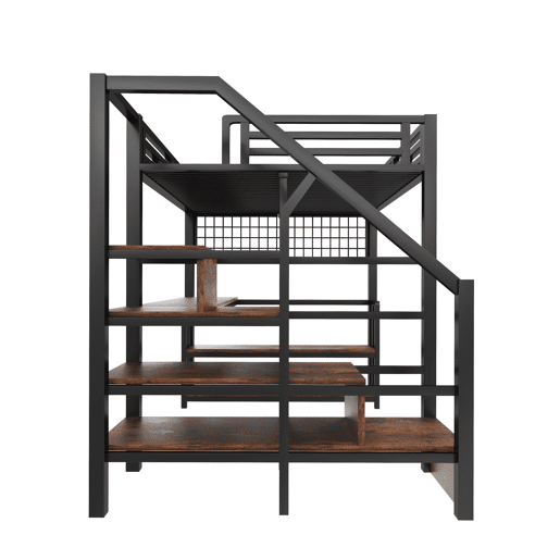 Cama alta 140x200 cm - Estrutura em ferro, secretária, LED, estante, USBTipo-C - Preto