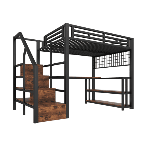 Cama alta 140x200 cm - Estrutura em ferro, secretária, LED, estante, USBTipo-C - Preto