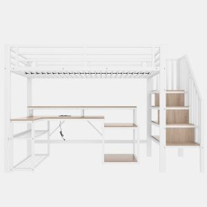 Cama alta 90x200 cm - Estrutura metálica, secretária, escada com arrumação, LED, USB - Branco