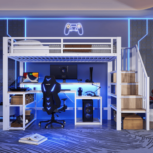 Cama alta 90x200 cm - Estrutura metálica, secretária, escada com arrumação, LED, USB - Branco